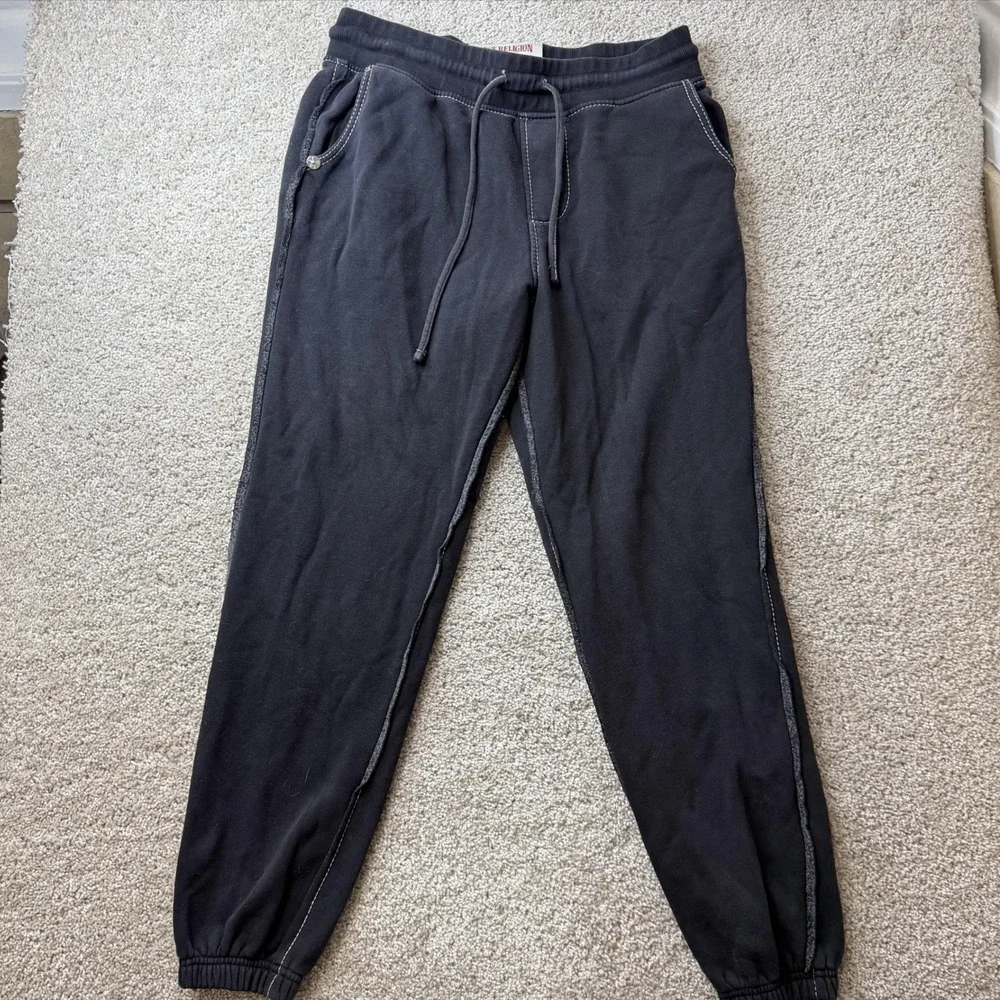 True Religion Jogger Pants Mens Medium Black Fleece Elastic Waist Pockets Logo